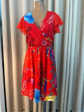 Euro Y2K vintage Desigual Floral Animal Print Mini Flutter Sleeve Dress